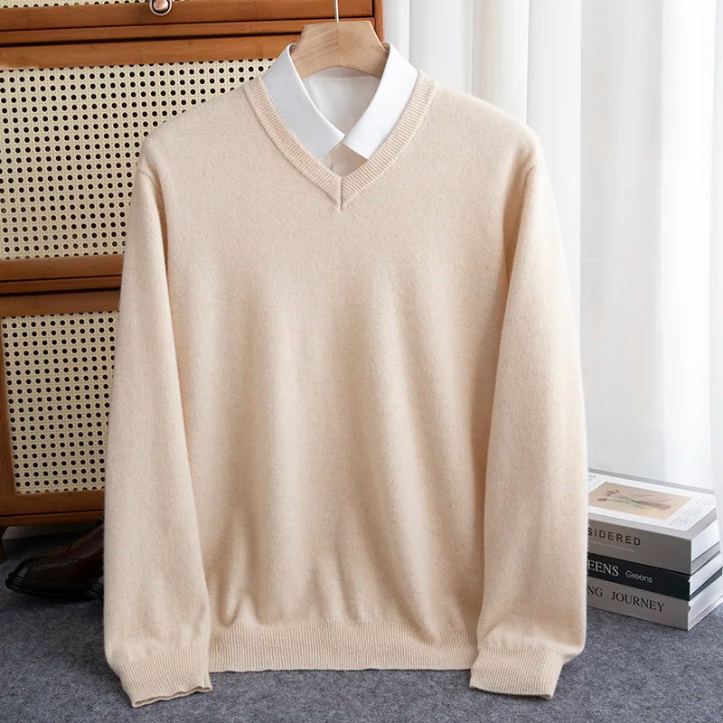 First-line of clothing Men 100% Merino Wool Sweater Spring Autumn V- Collar Pullovers Sweater Long Sleeve Soft Knit Basic Tops